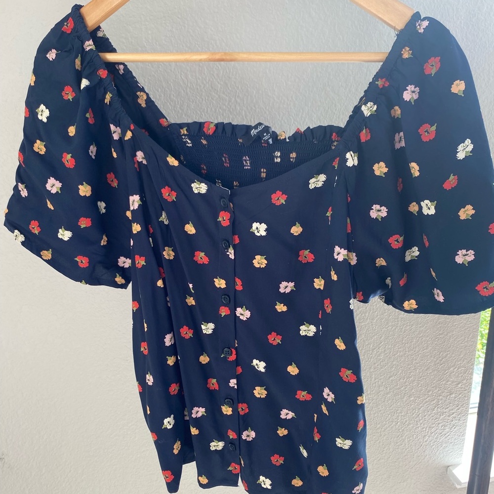 Navy flowered Madewell button up top